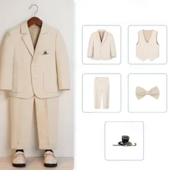 5 Pieces Ring Bearer Suit Boys Kids Suit Formal Suit Blazer & Vest & Pants & Brooch & Tie Formal Party Fashion Cool Solid Color Pocket Blue Beige Gray Polyester
