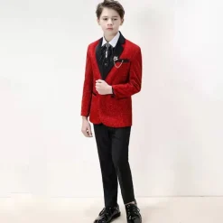 4 Pieces Ring Bearer Suit Boys Kids Suit Formal Suit Blazer & Pants & Shirts & Tie Formal Party Valentines Fashion Cool Solid Color Pocket Wine Polyester