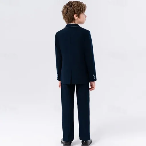 5 Pieces Ring Bearer Suit Boys Kids Suit Formal Suit Blazer & Vest & Pants & Brooch & Tie Formal Party Valentines Fashion Cool Solid Color Pocket Navy Blue Blue Polyester