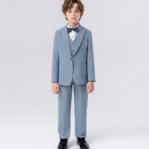 5 Pieces Ring Bearer Suit Boys Kids Suit Formal Suit Blazer & Vest & Pants & Brooch & Tie Formal Party Valentines Fashion Cool Solid Color Pocket Navy Blue Blue Polyester