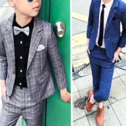 3 Pieces Ring Bearer Suit Boys Kids Suit Formal Suit Suit & Blazer Clothing Set Party Street Cool Gentle Plaid Navy Blue Dark Gray Cotton