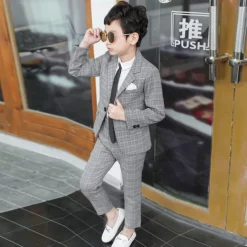 3 Pieces Ring Bearer Suit Boys Kids Suit Formal Suit Suit & Blazer Clothing Set Party Street Cool Gentle Plaid Navy Blue Dark Gray Cotton