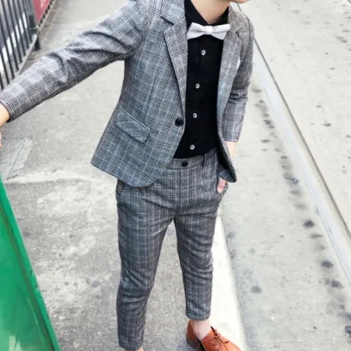 3 Pieces Ring Bearer Suit Boys Kids Suit Formal Suit Suit & Blazer Clothing Set Party Street Cool Gentle Plaid Navy Blue Dark Gray Cotton