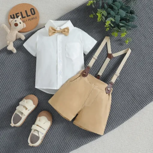 3 Pieces Ring Bearer Suit Boys Kids Toddler Shirt & Shorts School Formal Party Fashion Gentle Solid Color V Neck White Cotton