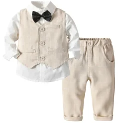 2 Pieces Ring Bearer Suit Boys' Kids Suit Formal Suit Shirt & Pants Pants Set School Party Date Fashion Cool Basic Stripe Print Beige Light Blue Cotton
