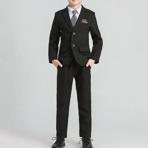 4 Pieces Ring Bearer Suit Boys Kids Suit Formal Suit Blazer & Vest & Pants & Tie Formal Party Valentines Fashion Cool Stripe Pocket Black Gray Polyester