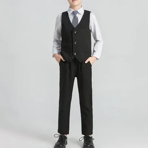 4 Pieces Ring Bearer Suit Boys Kids Suit Formal Suit Blazer & Vest & Pants & Tie Formal Party Valentines Fashion Cool Stripe Pocket Black Gray Polyester