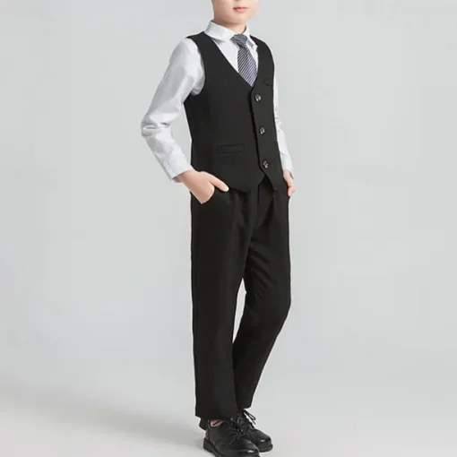 4 Pieces Ring Bearer Suit Boys Kids Suit Formal Suit Blazer & Vest & Pants & Tie Formal Party Valentines Fashion Cool Stripe Pocket Black Gray Polyester