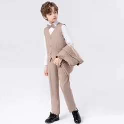 5 Pieces Ring Bearer Suit Boys Kids Suit Formal Suit Blazer & Vest & Pants & Brooch & Tie Formal Party Valentines Fashion Cool Stripe Pocket Khaki Dark Gray Polyester
