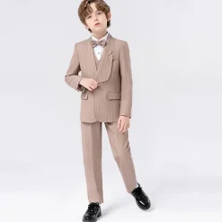 5 Pieces Ring Bearer Suit Boys Kids Suit Formal Suit Blazer & Vest & Pants & Brooch & Tie Formal Party Valentines Fashion Cool Stripe Pocket Khaki Dark Gray Polyester
