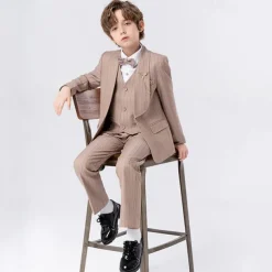 5 Pieces Ring Bearer Suit Boys Kids Suit Formal Suit Blazer & Vest & Pants & Brooch & Tie Formal Party Valentines Fashion Cool Stripe Pocket Khaki Dark Gray Polyester
