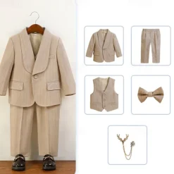 5 Pieces Ring Bearer Suit Boys Kids Suit Formal Suit Blazer & Vest & Pants & Brooch & Tie Formal Party Valentines Fashion Cool Stripe Pocket Khaki Dark Gray Polyester