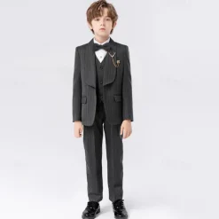 5 Pieces Ring Bearer Suit Boys Kids Suit Formal Suit Blazer & Vest & Pants & Brooch & Tie Formal Party Valentines Fashion Cool Stripe Pocket Khaki Dark Gray Polyester