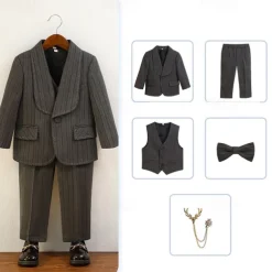 5 Pieces Ring Bearer Suit Boys Kids Suit Formal Suit Blazer & Vest & Pants & Brooch & Tie Formal Party Valentines Fashion Cool Stripe Pocket Khaki Dark Gray Polyester