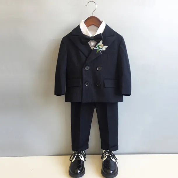 6 Pieces Ring Bearer Suit Boys Kids Suit Formal Suit Blazer & Vest & Pants & Brooch & Tie Shirt & Pants Formal Party Valentines Fashion Cool Stripe Pocket Black Polyester