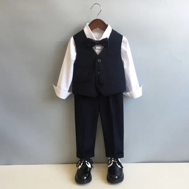 6 Pieces Ring Bearer Suit Boys Kids Suit Formal Suit Blazer & Vest & Pants & Brooch & Tie Shirt & Pants Formal Party Valentines Fashion Cool Stripe Pocket Black Polyester