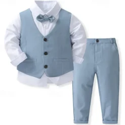 4 Pieces Ring Bearer Suit Boys Kids Suit Formal Suit Shirt & Pants Clothing Set Formal Fashion Solid Color Royal Blue Sky Blue Gray Cotton