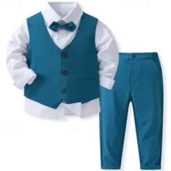 4 Pieces Ring Bearer Suit Boys Kids Suit Formal Suit Shirt & Pants Clothing Set Formal Fashion Solid Color Royal Blue Sky Blue Gray Cotton
