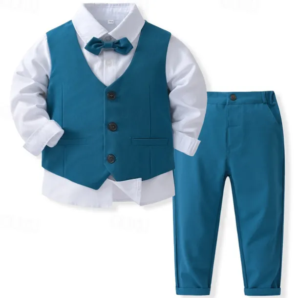 4 Pieces Ring Bearer Suit Boys Kids Suit Formal Suit Shirt & Pants Clothing Set Formal Fashion Solid Color Royal Blue Sky Blue Gray Cotton