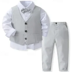 4 Pieces Ring Bearer Suit Boys Kids Suit Formal Suit Shirt & Pants Clothing Set Formal Fashion Solid Color Royal Blue Sky Blue Gray Cotton