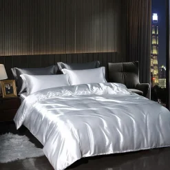 4 Pieces Satin Silk Bedding Set with Fitted Sheets Duvet Cover Sets Summer Solid Color Comforters Covers with 2 Pillowcases