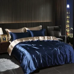 4 Pieces Satin Silk Bedding Set with Fitted Sheets Duvet Cover Sets Summer Solid Color Comforters Covers with 2 Pillowcases