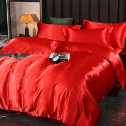 4 Pieces Satin Silk Bedding Set with Fitted Sheets Duvet Cover Sets Summer Solid Color Comforters Covers with 2 Pillowcases