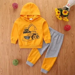 2 Pieces Toddler Boys Hoodie & Sweatpants Set Outfit Cartoon Long Sleeve Crewneck Set School Fashion Daily Fall 4-7 Years Yellow