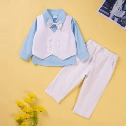 3 Pieces Toddler Boys Shirt & Pants Outfit Solid Color Long Sleeve Buttons Cotton Set School Fashion Daily Spring Fall 1-3 Years Black Royal Blue Sky Blue