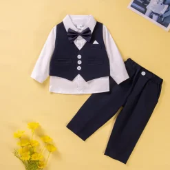 3 Pieces Toddler Boys Shirt & Pants Outfit Solid Color Long Sleeve Buttons Cotton Set School Fashion Daily Spring Fall 1-3 Years Black Royal Blue Sky Blue