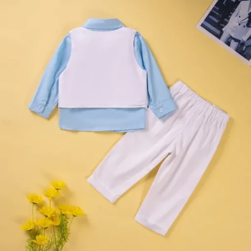 3 Pieces Toddler Boys Shirt & Pants Outfit Solid Color Long Sleeve Buttons Cotton Set School Fashion Daily Spring Fall 1-3 Years Black Royal Blue Sky Blue
