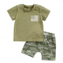 2 Pieces Toddler Boys T-shirt & Shorts Outfit Graphic Short Sleeve Set School Fashion Daily Summer Spring 3-7 Years ArmyGreen