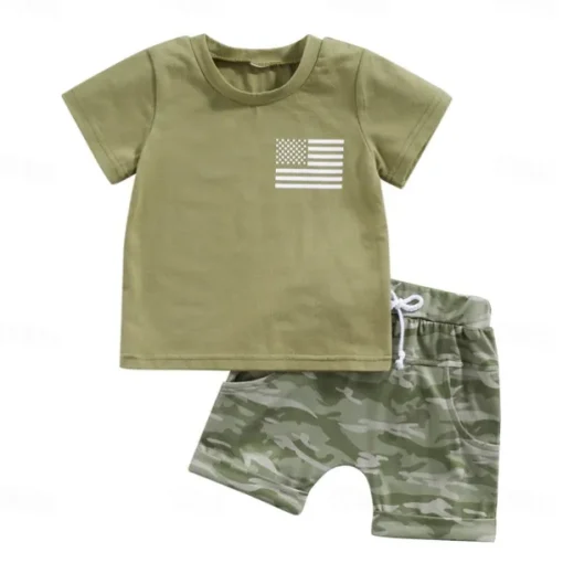 2 Pieces Toddler Boys T-shirt & Shorts Outfit Graphic Short Sleeve Set School Fashion Daily Summer Spring 3-7 Years ArmyGreen