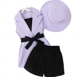 3 Pieces Toddler Girls' Solid Color Dress Set Set Sleeveless Active School 3-7 Years Spring Black Pink Blue