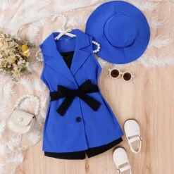 3 Pieces Toddler Girls' Solid Color Dress Set Set Sleeveless Active School 3-7 Years Spring Black Pink Blue