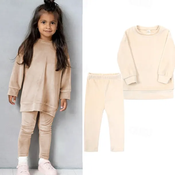 2 Pieces Toddler Girls' Solid Color Crewneck Hoodie & Sweatpants Set Set Long Sleeve Sports Outdoor 3-7 Years Fall Champagne Pink Blue