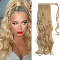 22 Ponytail Extension Long Dirty Blonde Pony Tail Wrap Around Clip in Hair Extensions Curly Wavy Synthetic High Resistant Fiber Fake Hairpiece for White Women