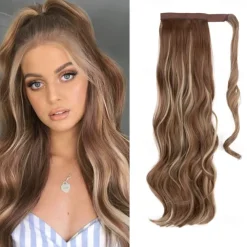 22 Ponytail Extension Long Dirty Blonde Pony Tail Wrap Around Clip in Hair Extensions Curly Wavy Synthetic High Resistant Fiber Fake Hairpiece for White Women