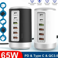 6 Port Desktop Charger, 65W USB Hub Charging Station (3 x USB+Type C+QC3.0+PD 18W), Multi-Port Charger Hub Desktop Charging Station, Fast Wall Charger Compatible with Smart Phones, Tablets and More