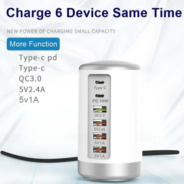 6 Port Desktop Charger, 65W USB Hub Charging Station (3 x USB+Type C+QC3.0+PD 18W), Multi-Port Charger Hub Desktop Charging Station, Fast Wall Charger Compatible with Smart Phones, Tablets and More