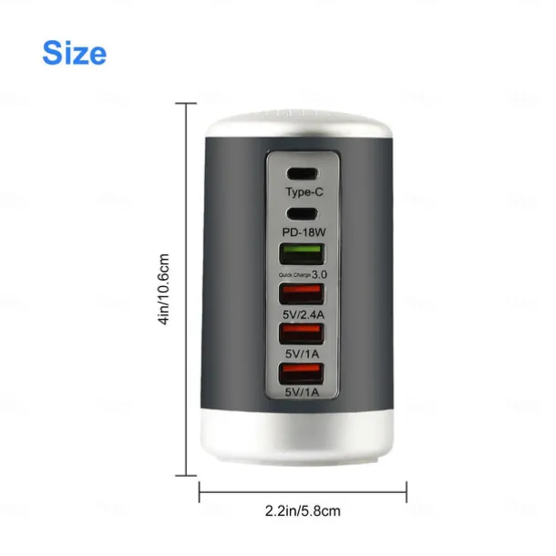 6 Port Desktop Charger, 65W USB Hub Charging Station (3 x USB+Type C+QC3.0+PD 18W), Multi-Port Charger Hub Desktop Charging Station, Fast Wall Charger Compatible with Smart Phones, Tablets and More