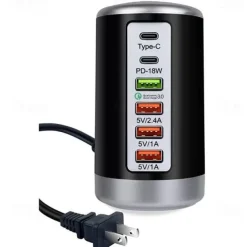 6 Port Desktop Charger, 65W USB Hub Charging Station (3 x USB+Type C+QC3.0+PD 18W), Multi-Port Charger Hub Desktop Charging Station, Fast Wall Charger Compatible with Smart Phones, Tablets and More