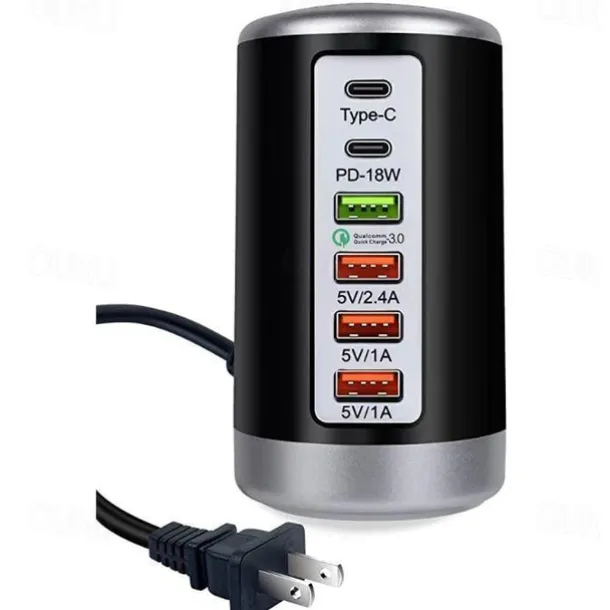 6 Port Desktop Charger, 65W USB Hub Charging Station (3 x USB+Type C+QC3.0+PD 18W), Multi-Port Charger Hub Desktop Charging Station, Fast Wall Charger Compatible with Smart Phones, Tablets and More