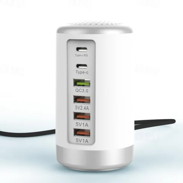 6 Port Desktop Charger, 65W USB Hub Charging Station (3 x USB+Type C+QC3.0+PD 18W), Multi-Port Charger Hub Desktop Charging Station, Fast Wall Charger Compatible with Smart Phones, Tablets and More