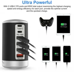 6 Port Desktop Charger, 65W USB Hub Charging Station (3 x USB+Type C+QC3.0+PD 18W), Multi-Port Charger Hub Desktop Charging Station, Fast Wall Charger Compatible with Smart Phones, Tablets and More