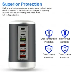 6 Port Desktop Charger, 65W USB Hub Charging Station (3 x USB+Type C+QC3.0+PD 18W), Multi-Port Charger Hub Desktop Charging Station, Fast Wall Charger Compatible with Smart Phones, Tablets and More