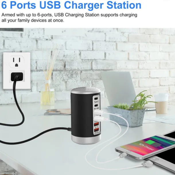 6 Port Desktop Charger, 65W USB Hub Charging Station (3 x USB+Type C+QC3.0+PD 18W), Multi-Port Charger Hub Desktop Charging Station, Fast Wall Charger Compatible with Smart Phones, Tablets and More