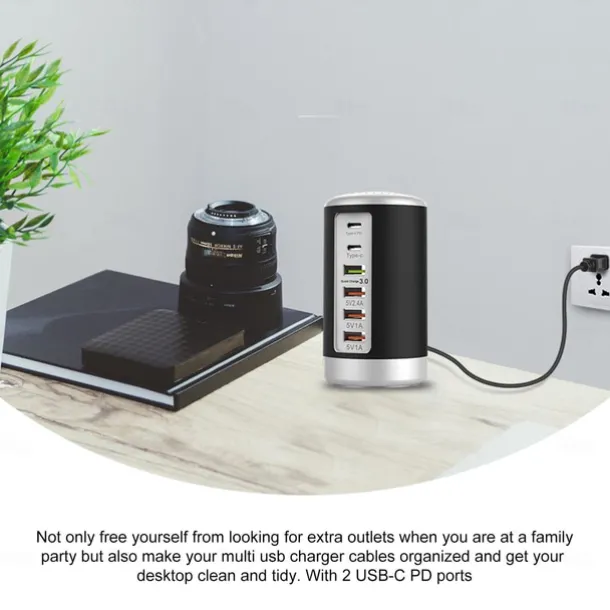 6 Port Desktop Charger, 65W USB Hub Charging Station (3 x USB+Type C+QC3.0+PD 18W), Multi-Port Charger Hub Desktop Charging Station, Fast Wall Charger Compatible with Smart Phones, Tablets and More