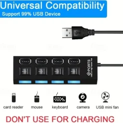 4 Ports USB HUB 2.0 Adapter Expander Multi USB Splitter Multiple Extender with Independent Switches LED Indicator