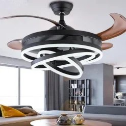 42'' Retractable Ceiling Fans with Lights and Remote,Modern LED Semi Flush Fan Light,Retractable Geometric Ceiling Fan 3 Color 6 Speed Smart Pendant Light for Indoor Bedroom,Dining Room etc